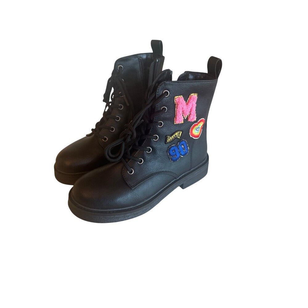 Steve Madden Girls Black Combat Boots‎ With Embroidery Flocking Size 2